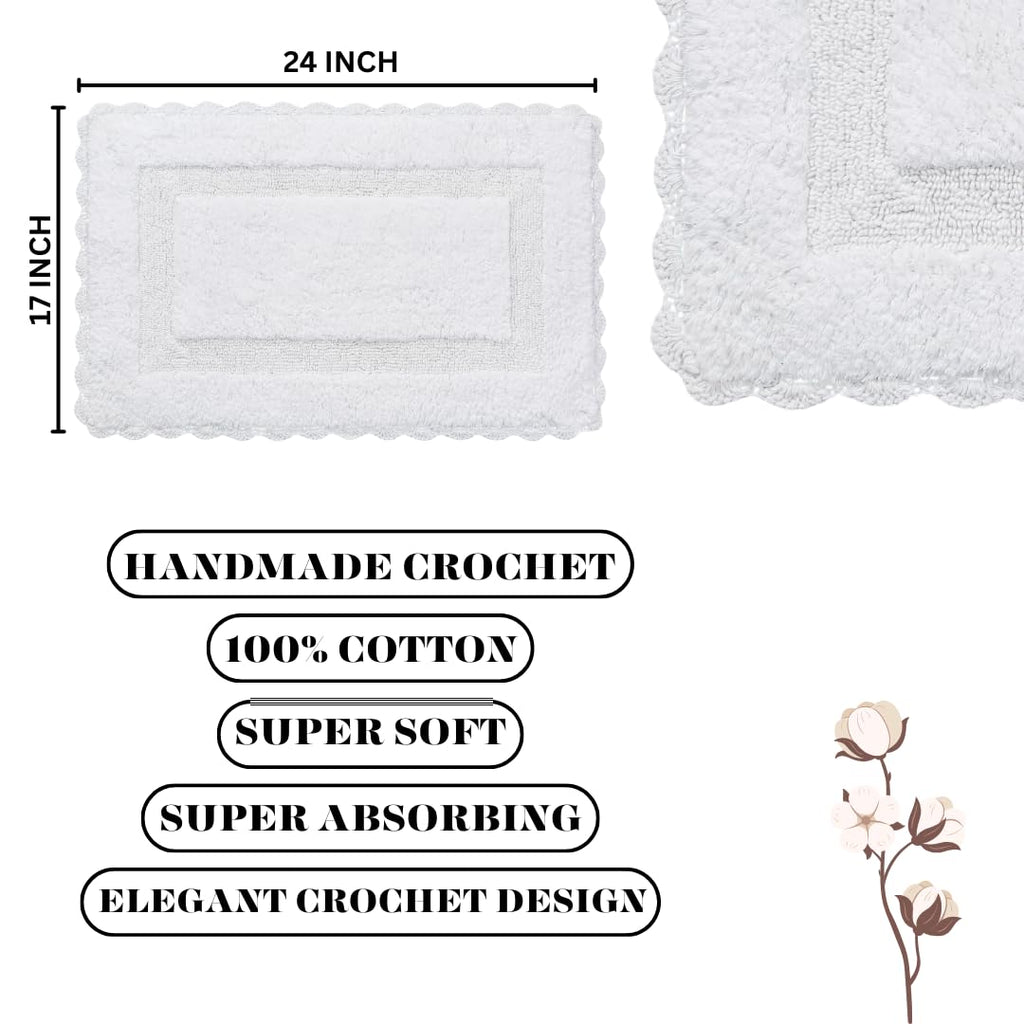 Bath Mat Rug 17''X24'' White, 100% Pure Cotton, Super Soft Bath Rugs, Plush & Absorbent, Hand Tufted Heavy Weight Construction,