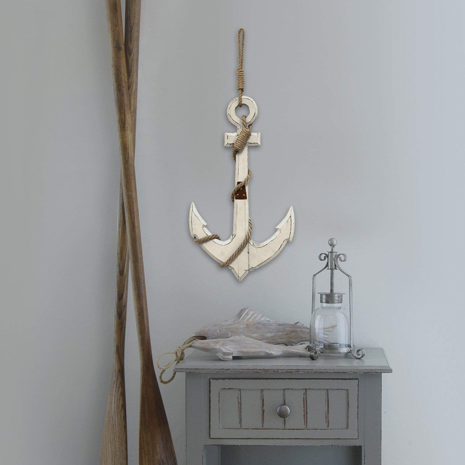 HomeRoots Wood/Rope 12.6' X 1.77' X 22.83' White Nautical Anchor Wall Decor