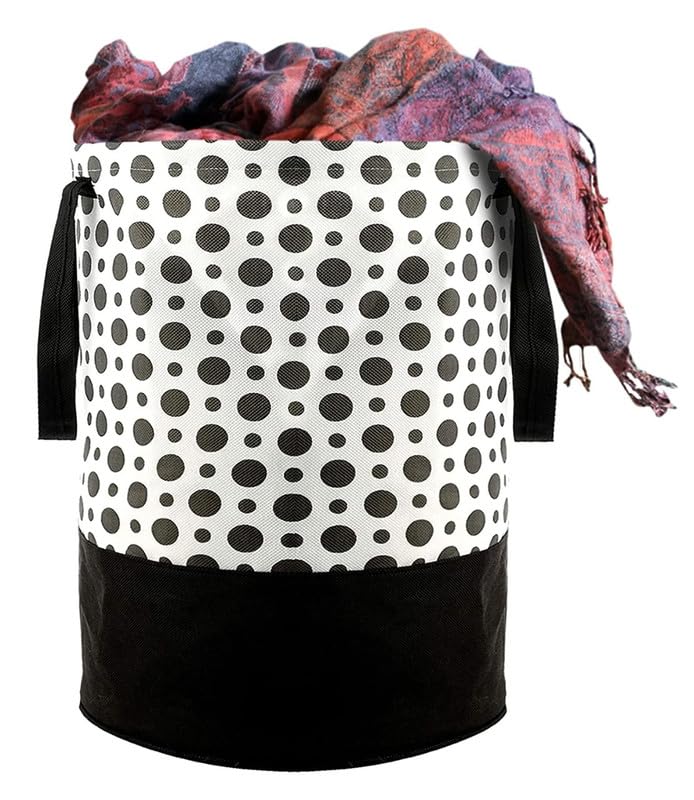 STORE MORE Round Canvas Black & White Polka Dot 45 L Laundry Bag/Hamper Durable Collapsible Laundry Storage Basket for Dirty Clo