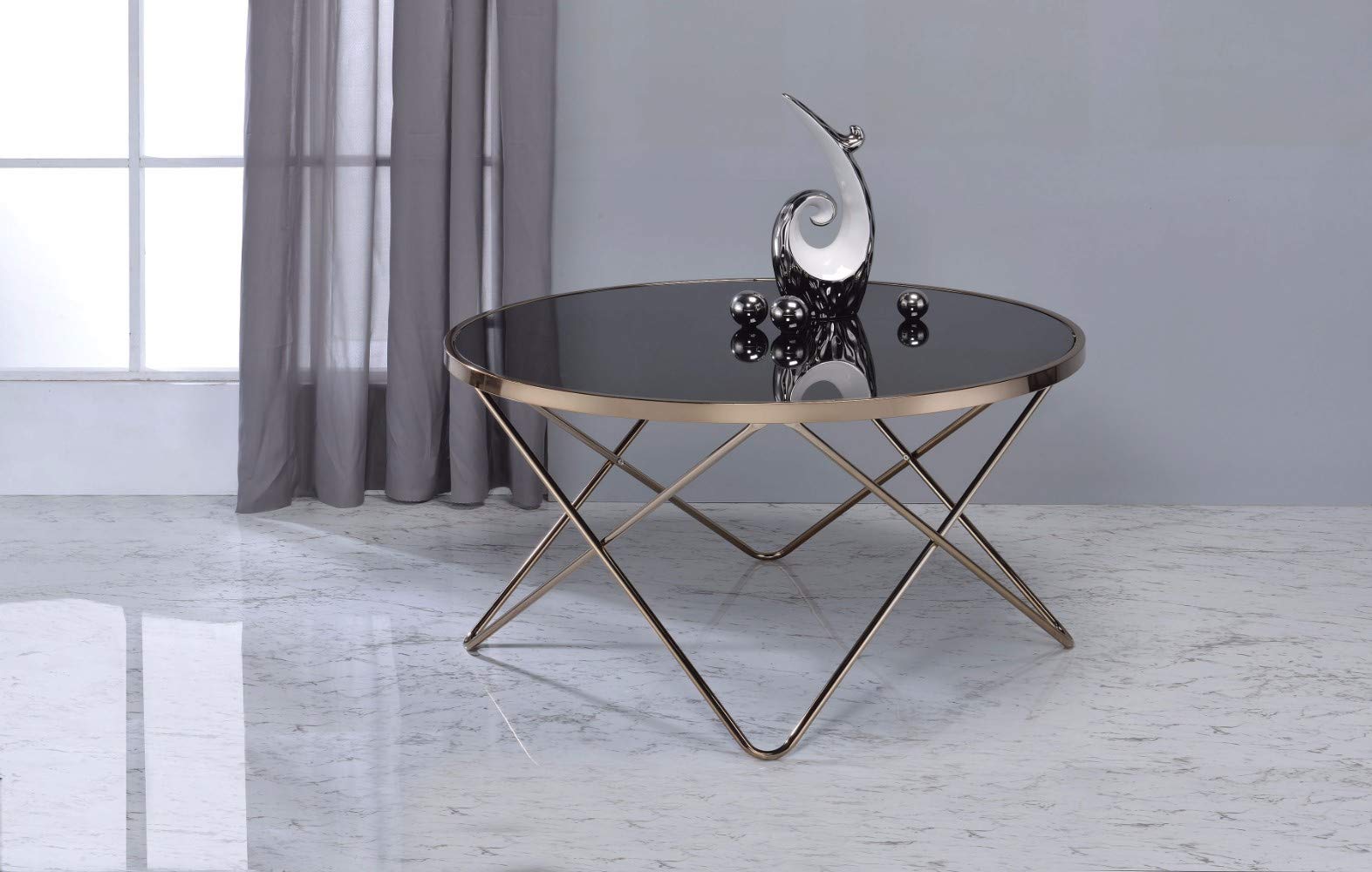 Benzara 18 Inch Top Coffee Table With Metal Base, One Size, Black Glass And Gold