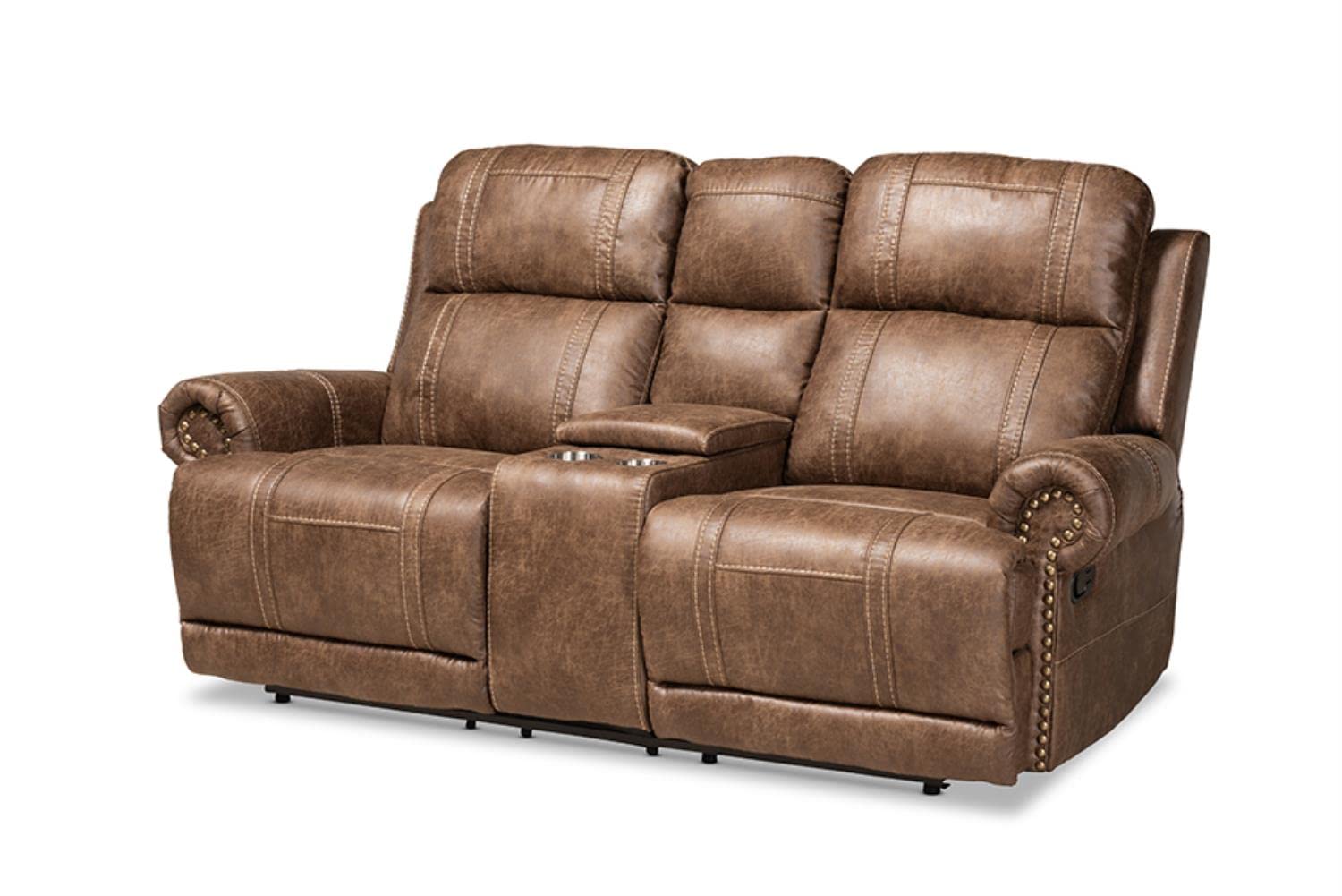 Baxton Studio Buckley Modern and Contemporary Light Brown Faux Leather Upholstered 2-Seater Reclining Loveseat with Console