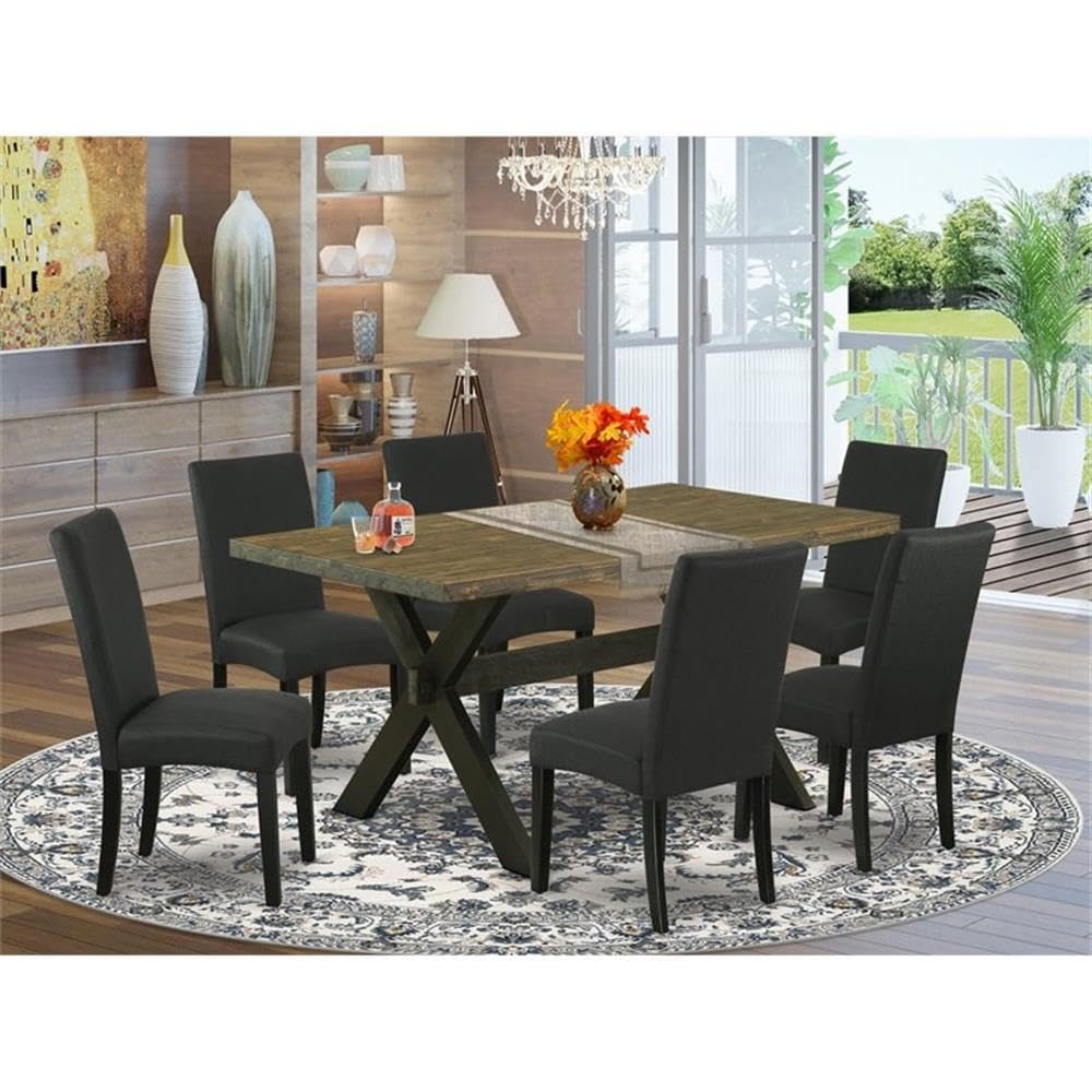 East West Furniture X676Dr124-7 7 Piece Dining Set Consist Of A Rectangle Dining Room Table With X-Legs And 6 Black Color Linen Fabric Upholstered Chairs, 36X60 Inch, Multi-Color