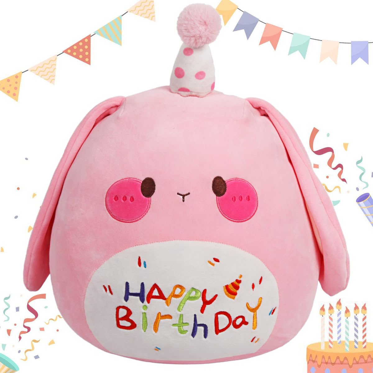 ARELUX 18in Cute Bunny Plush Soft Bunny Stuffed Animal Birthday Rabbit Pillow Plushie Toy Happy Birthday Party Decoration Plushi