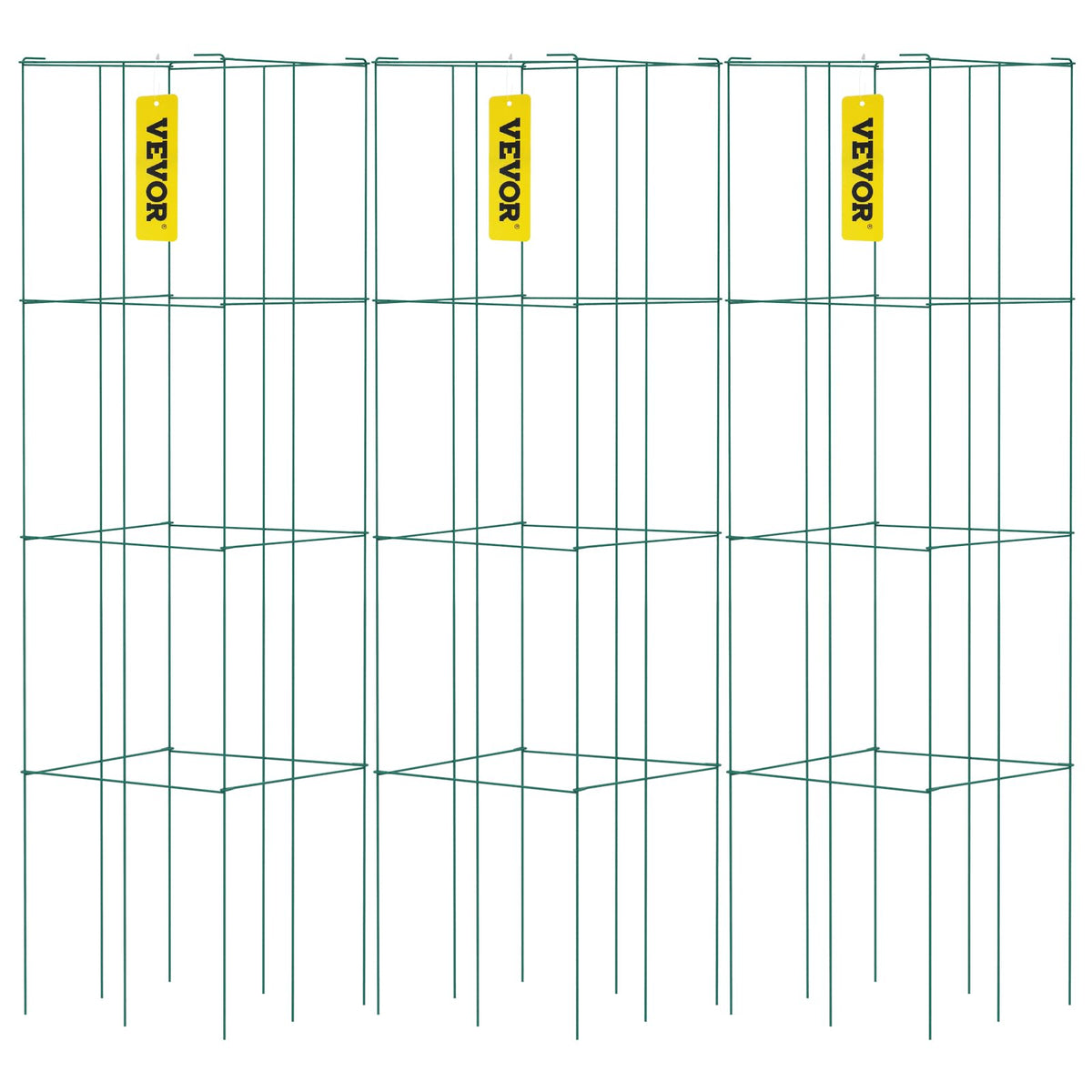 VEVOR Tomato Cages, 14.6'' x 14.6'' x 39.4'', 3 Packs Square Plant Support Cages, Green PVC-Coated Steel Tomato Towers for Climb