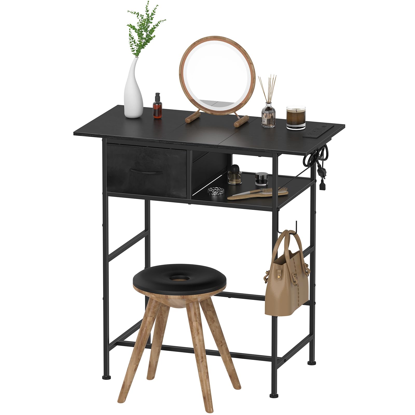 DAMEING Vanity Desk Without Mirror, Small Makeup Vanity Table with Fabric Drawers and Power Outlet, Compact Makeup Desk for Girl