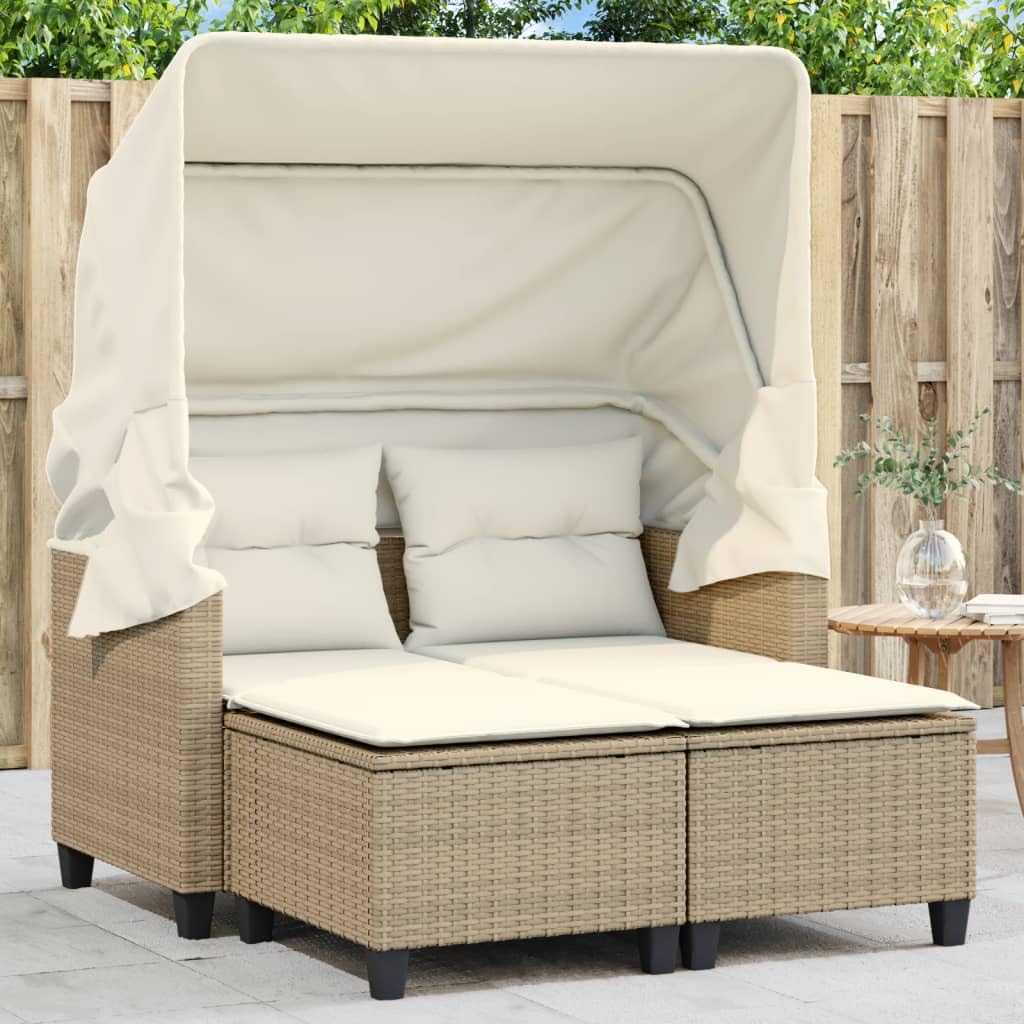 vidaXL 2-Seater Patio Sofa with Retractable Canopy & Stools - Beige Poly Rattan Loveseat, Thick Cushions, Outdoor Seating for Garden & Deck