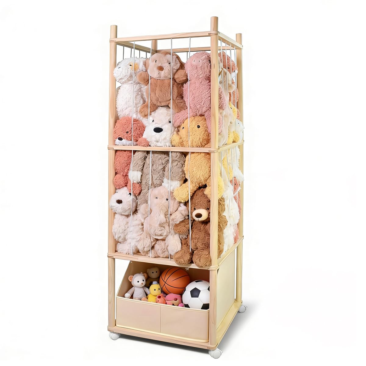 BENCHRY Stuffed Animal Storage with Tiny Toys Tray, Wood Stuffed Animal Zoo Storage with Brake Wheels, Space-Saving Plushie Play
