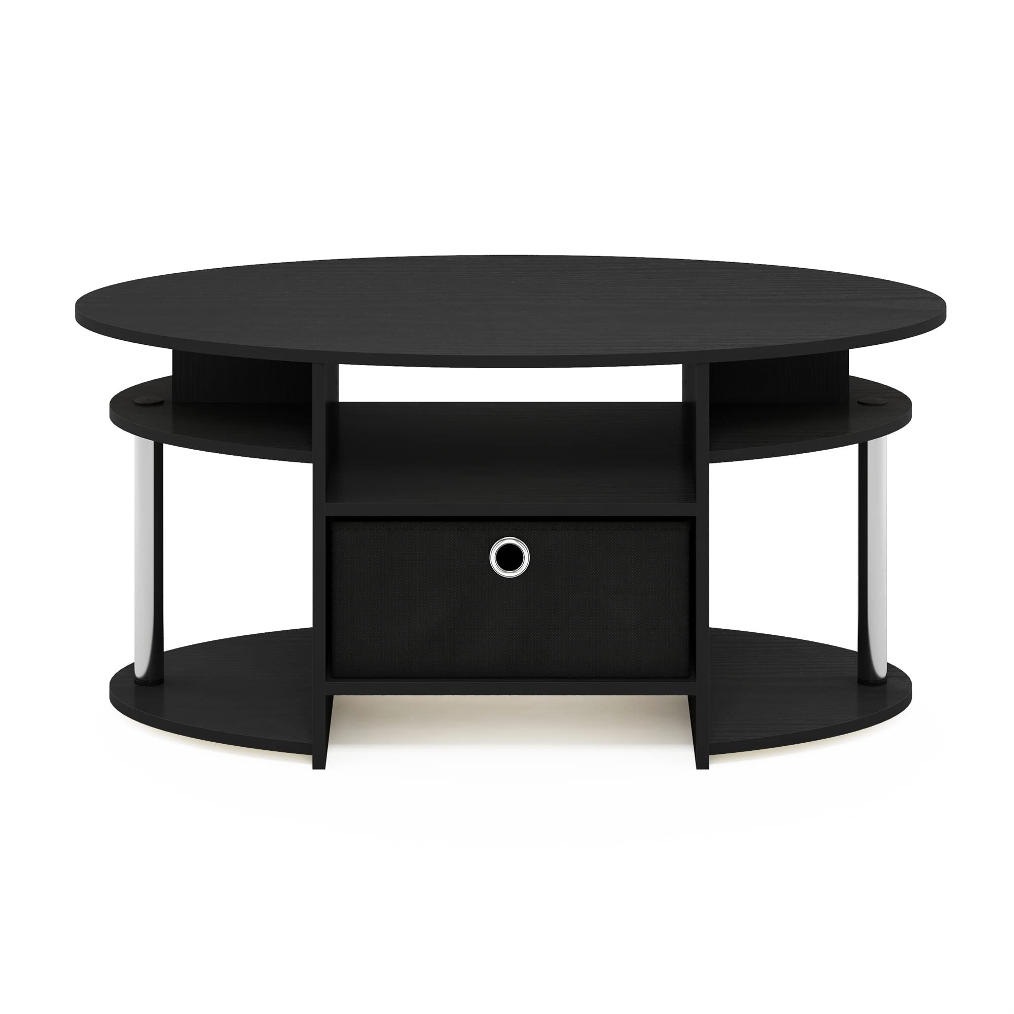 Furinno Jaya Simple Design Oval Coffee Table with Bin for Living Room, Americano/Chrome/Black