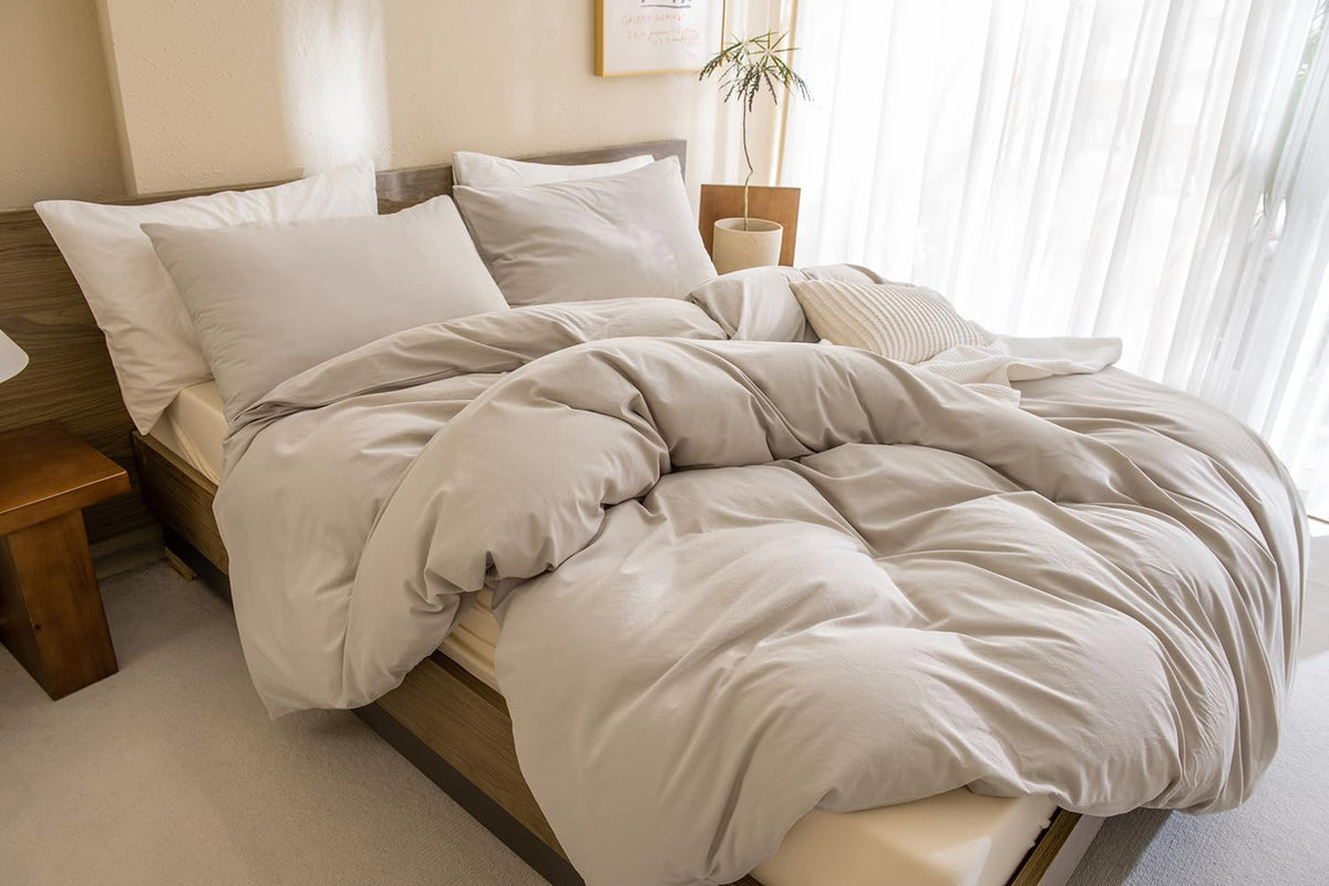 Cozytide 100% Cotton Linen Like Textured Comforter Set Queen(90X90 Inch), 3 Pieces(1 Solid Comforter And 2 Pillowcases) Minimali