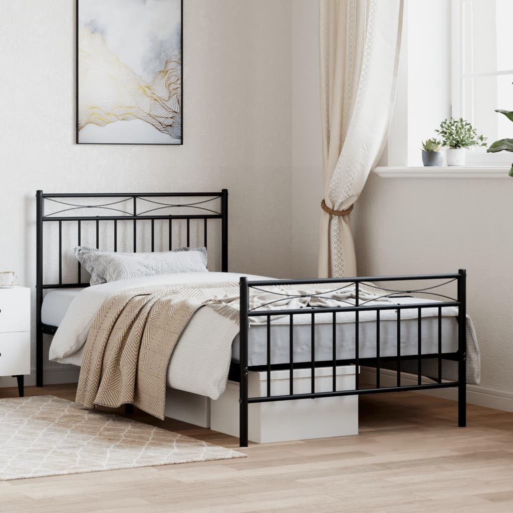 vidaXL Single Bed with Headboard and Footboard - Black Powder Coated Steel Frame with Metal Slats and Under-Bed Storage Space
