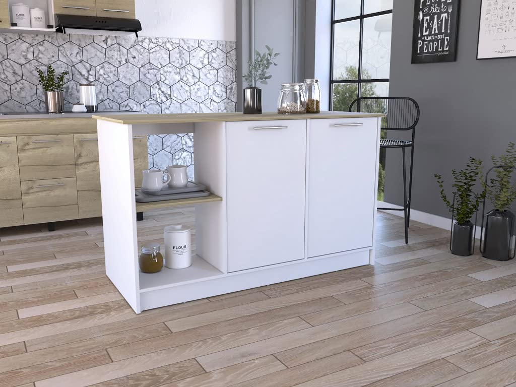 HomeRoots Light Oak-White Sleek and Modern White and Light Oak Kitchen Island