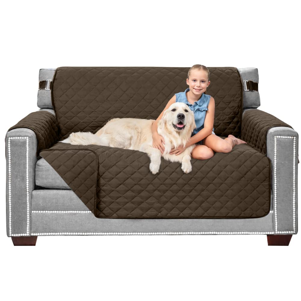 Sofa Shield Patented Loveseat Slip Cover, Large Cushion Protector, Reversible Stain And Dog Tear Resistant Slipcover, Quilted Microfiber 54” Seat, Washable Covers For Dogs Pets Kids, Chocolate