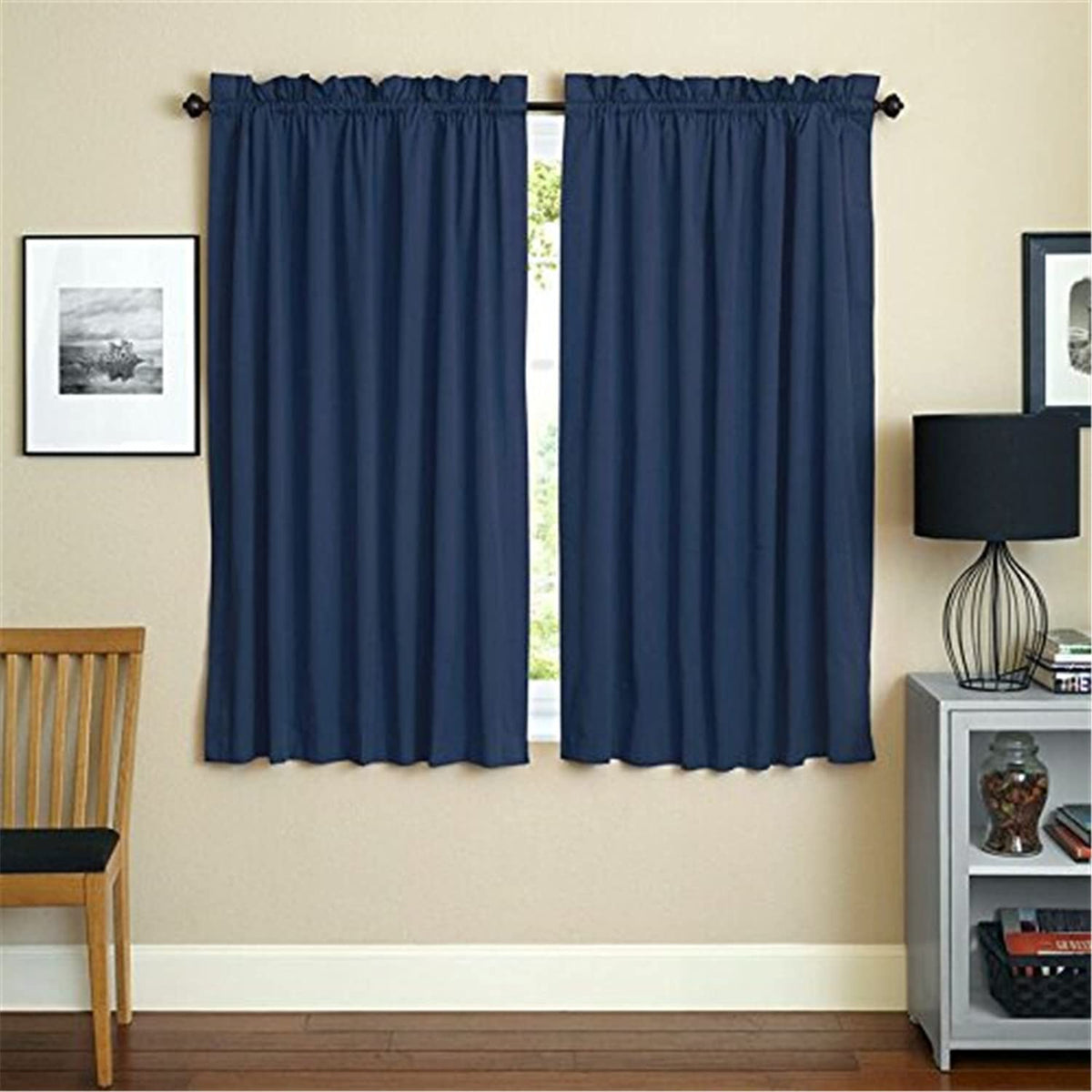 Blazing Needles Reversible Rod Pocket Room-Darkening Twill Curtain Panels, 63&quot; by 52&quot;, Navy 2 Count