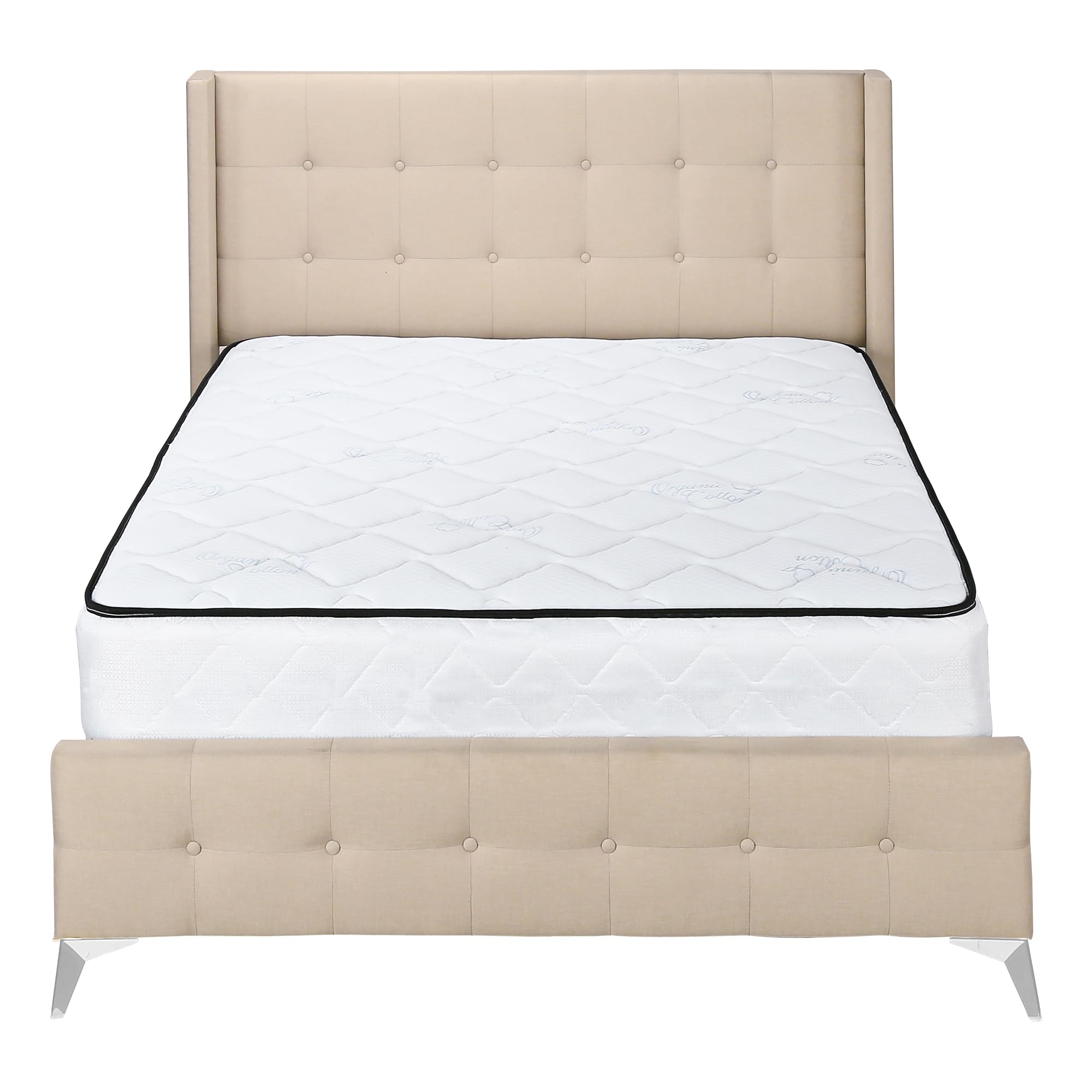 Monarch Specialties I 6041Q Bed, Frame, Platform, Bedroom, Queen Size, Upholstered, Linen Look Fabric, Metal Legs, Beige, Chrome, Contemporary, Modern