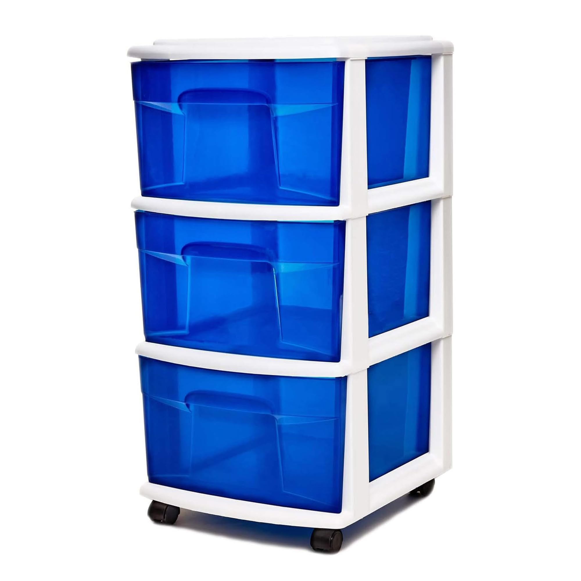 HOMZ Drawer Tower, 3-Tier Clear Blue Plastic Storage Organizer Cart, White Frame - Rolling Drawer Containers with Wheels for Bat