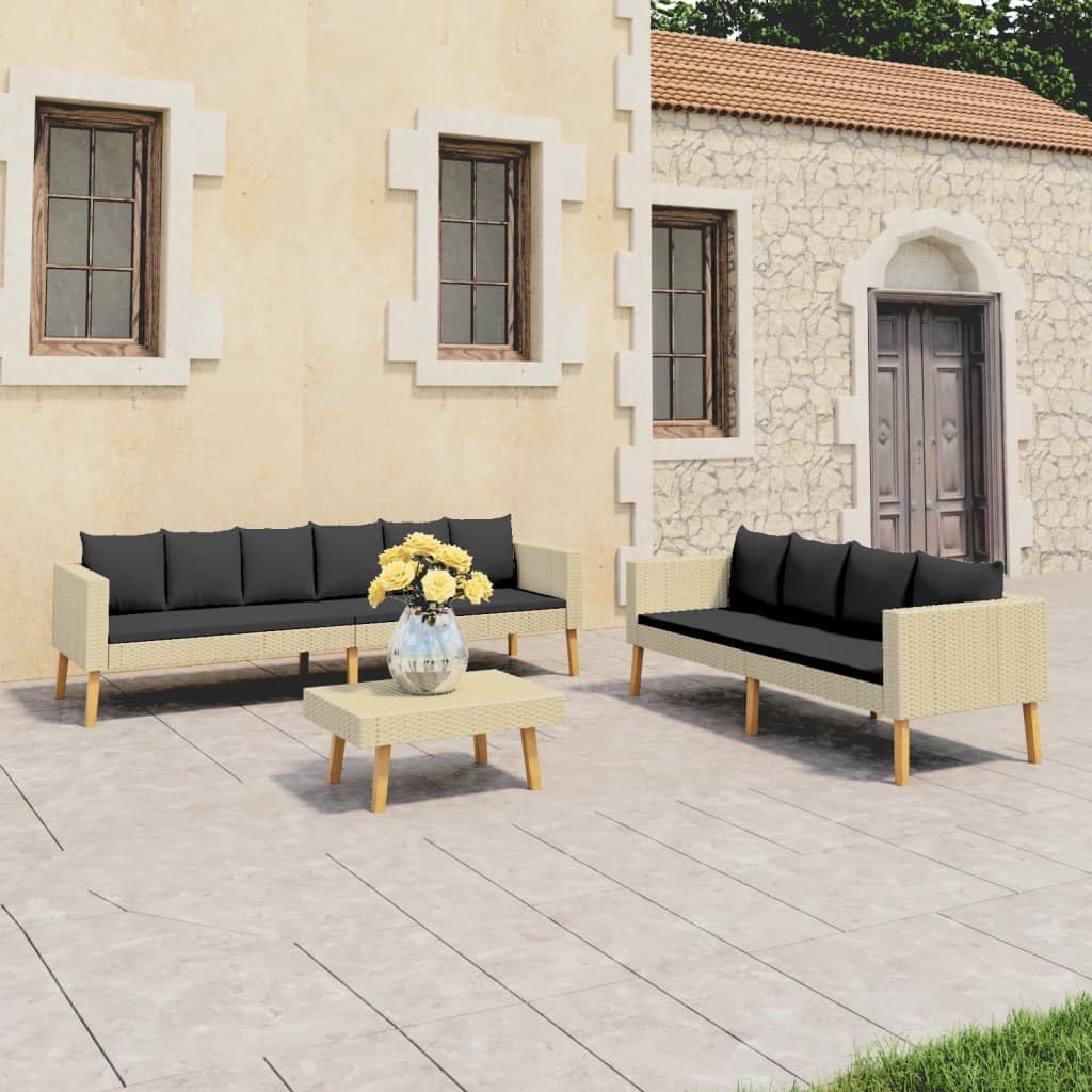 vidaXL Patio Furniture Set 3 Piece, Sectional Sofa for Outdoor Garden, Couch with Cushions, Coffee Table, Scandinavian Style, Poly Rattan Beige