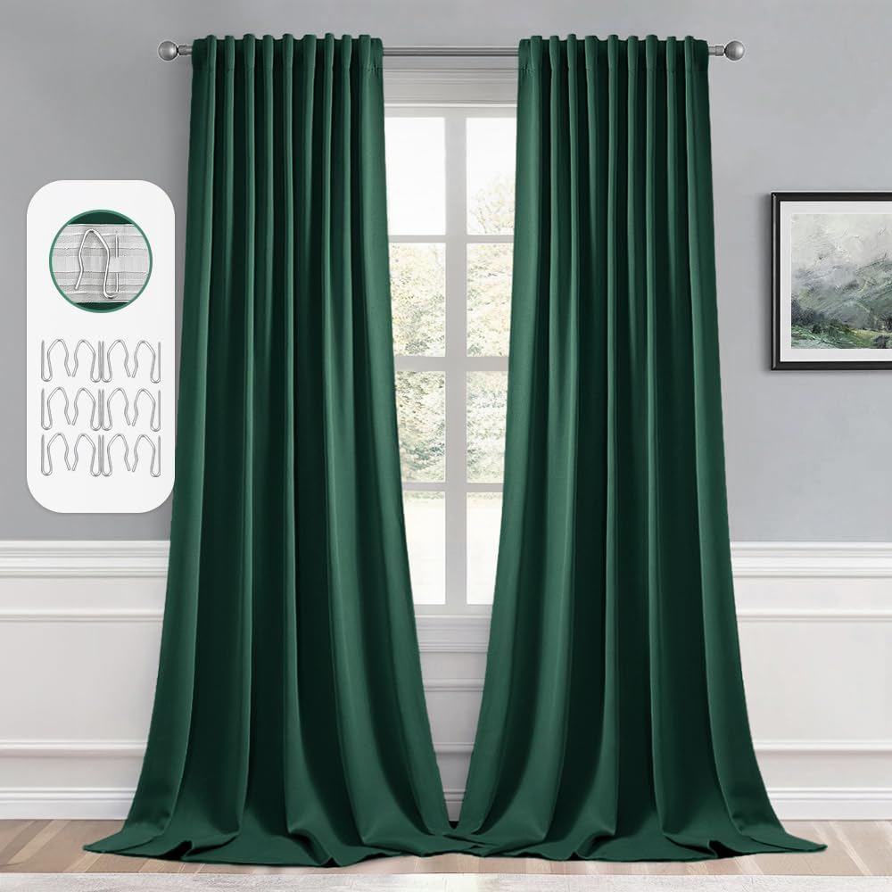 Miulee Christmas Hunter Green Back Tab Blackout Curtain 96 Inch Long 2 Panels Set For Living Room Bedroom, Rod Pocket/Pinch Pleat Thermal Insulated Room Darkening Pleated Floor To Ceiling Drapes