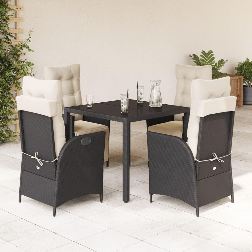 vidaXL 5 Piece Patio Dining Set - Black Poly Rattan with Cushions - Outdoor Garden Table and Reclining Chairs with Adjustable Backrest and Footrest