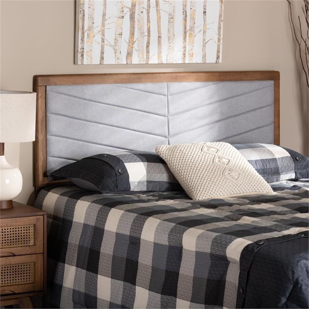 Baxton Studio Iden Modern and Contemporary Light Grey Fabric Upholstered and Walnut Brown Finished Wood Queen Size Headboard