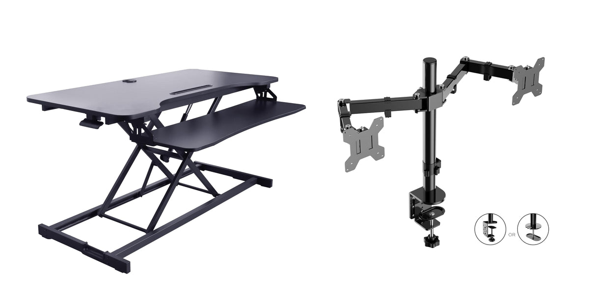 Rocelco 43&quot; Height Adjustable Standing Desk Converter with Dual Monitor Arm Mount - Tall Stand Up Tabletop Riser and Tablet Slot - Computer Workstation - Deep Keyboard Tray - Black (R VADRB-43-DM2)