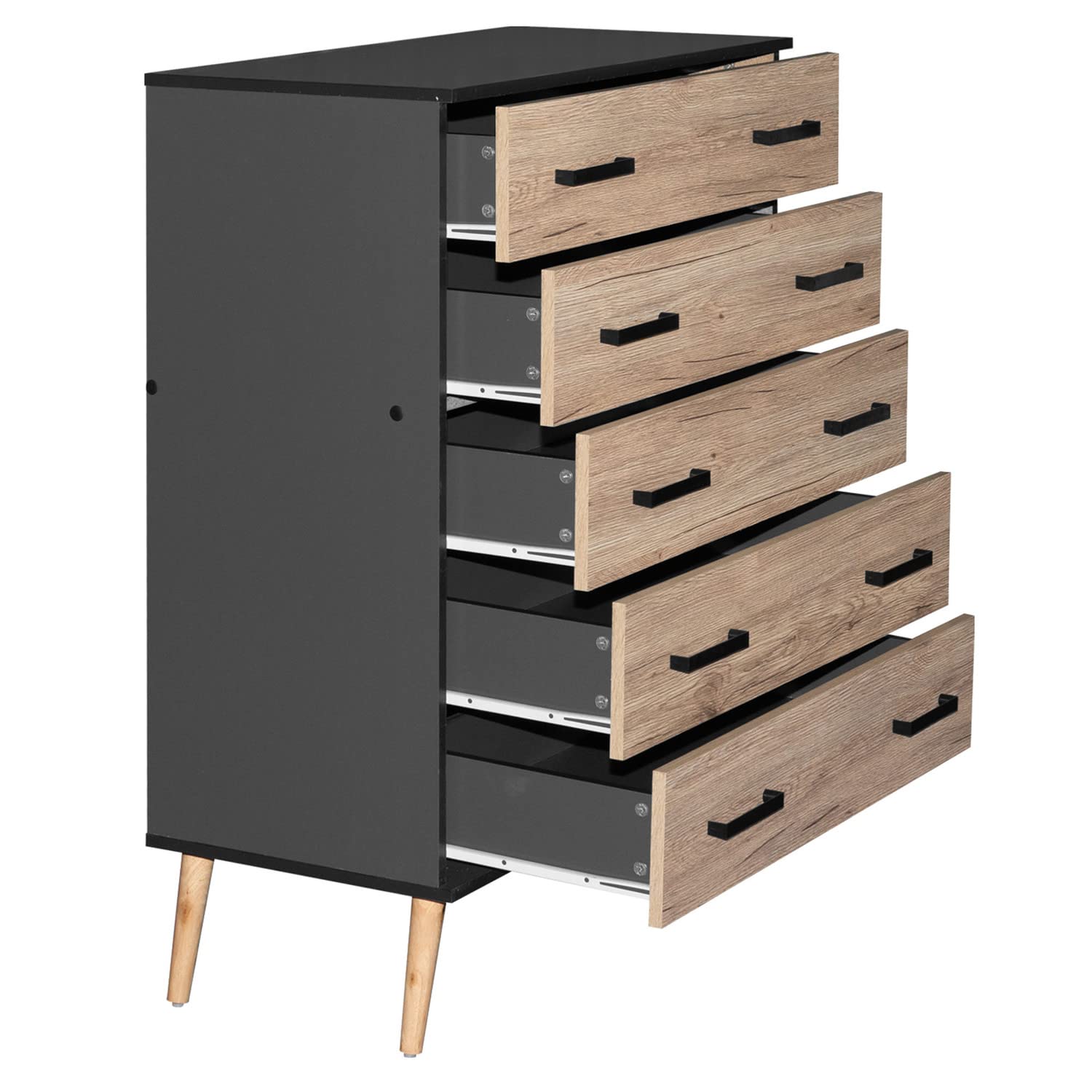 Better Home Products Eli Mid-Century Modern 5 Drawer Chest Dark Gray & Natural Oak