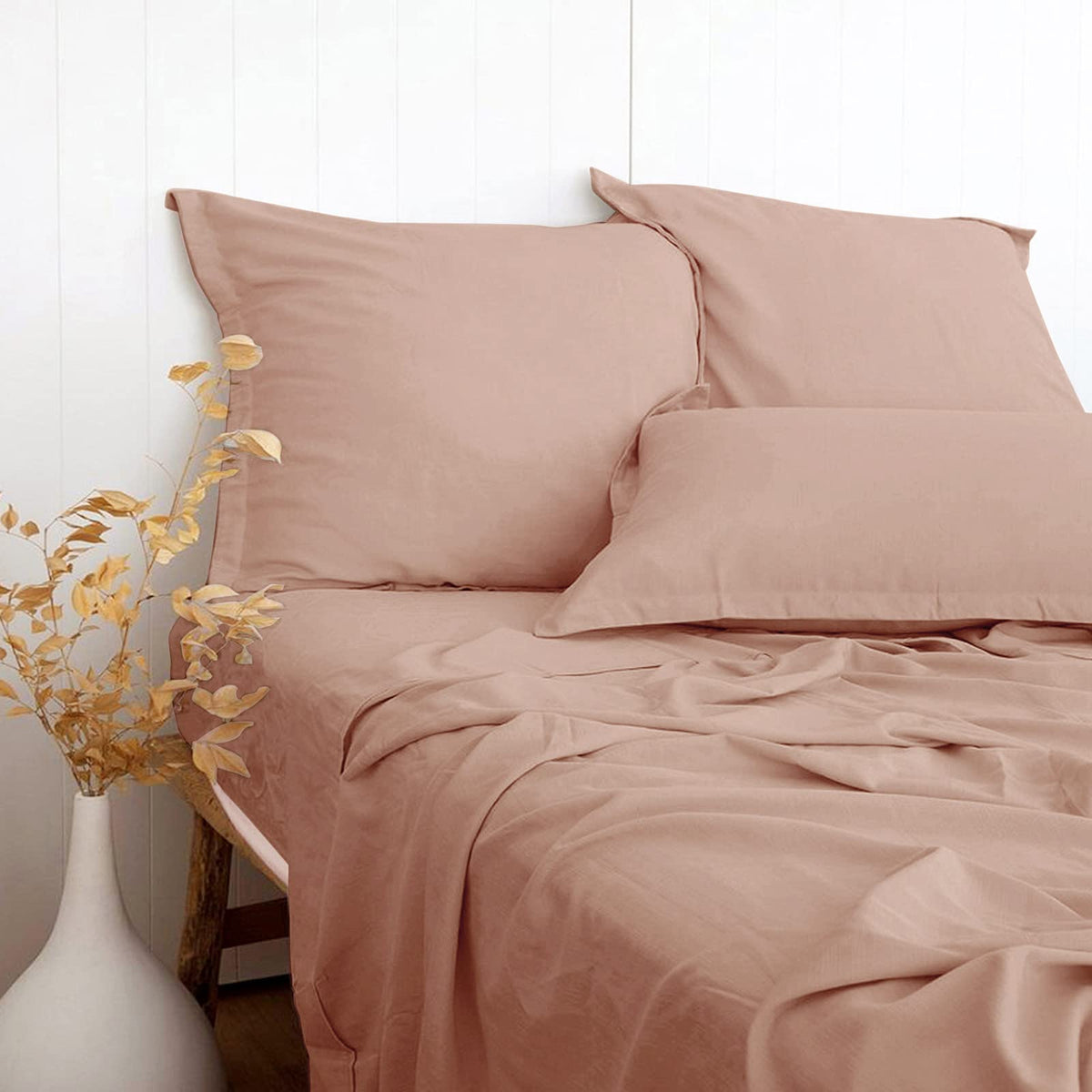 Dusty Pink Linen-Textured 55 Viscose From Bamboo 45 Cotton Sheets Set King Size, Soft Cool  Breathable Sheets For Hot Sleepers,