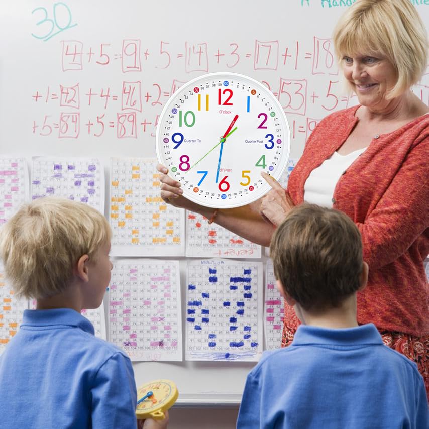 Airuifu Learning Clock For Kids-Silent Analog Clock For Bedrooms-Kids Room Decor-12 Inches Colorful Wall Clock Helps Kids Easier