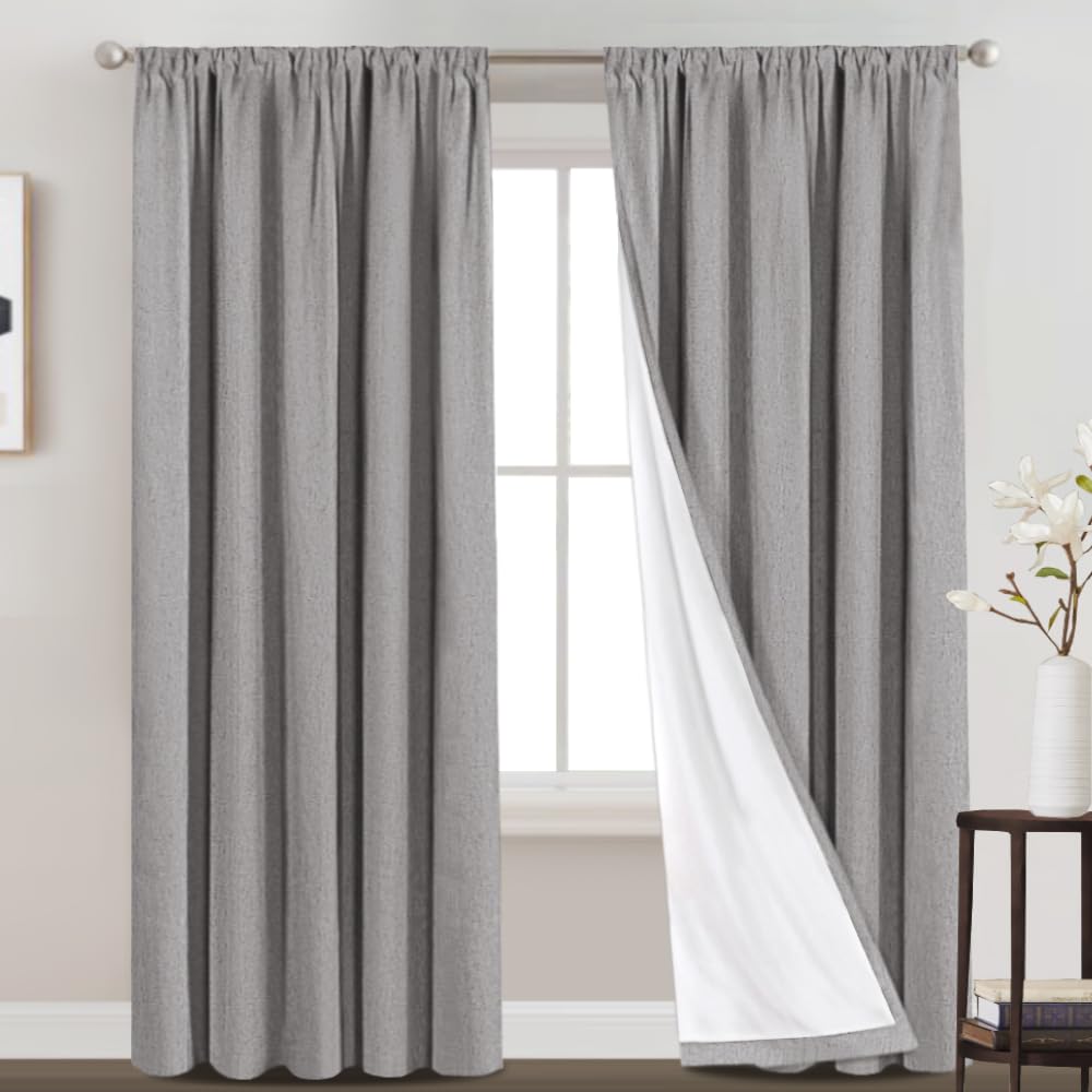 Princedeco 100% Blackout Linen Curtains 84 Inch Long Rod Pocket Blackout Linen Curtains Panels With White Liner Energy Saving Curtains For Bedroom, Set Of 2(52 X 84 Inch, Light Grey)