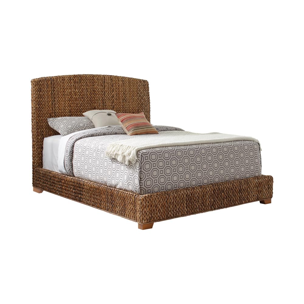 Coaster Home Furnishings Laughton Coastal Hand Woven Banana Leaf Bed Frame Queen Size Upholstered Panel Bed Amber Brown 300501Q