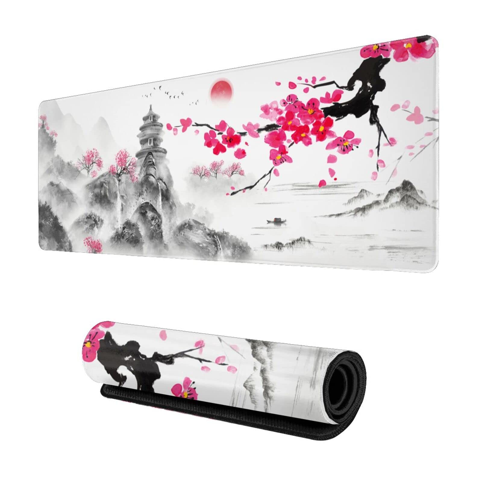 Japanese Cherry Blossom Ink Painting Gaming Mouse Pad Xl, Large Non Slip Rubber Mousepad, Stitched Edges Desk Pad, Long Extended
