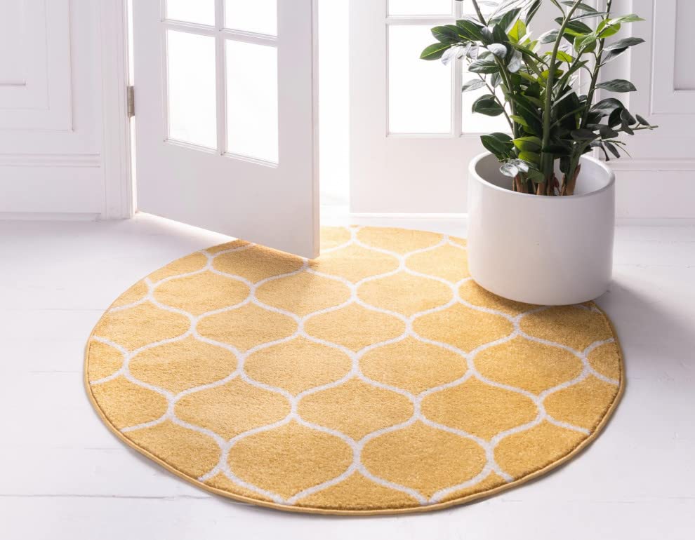Unique Loom Trellis Frieze Collection Area Rug - Rounded (5' 1'' Round, Yellow/ Ivory)