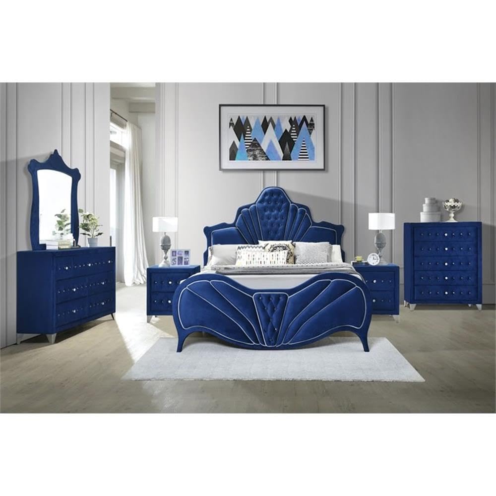 Acme Dante Queen Upholstered Panel Bed In Blue Velvet