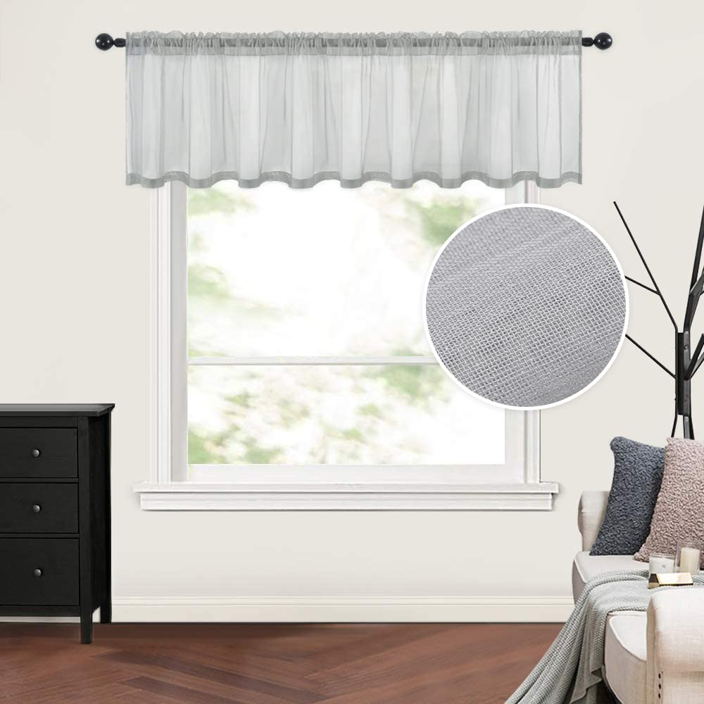 Miulee Solid Gray Kitchen Sheer Valance Linen Look Window Curtain,Living Room Windows Voile Valance Rod Pocket 1 Panels (60' W