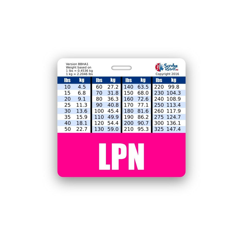 Lpn Badge Buddy Horizontal W/Height & Weight Conversion Charts (Pink)