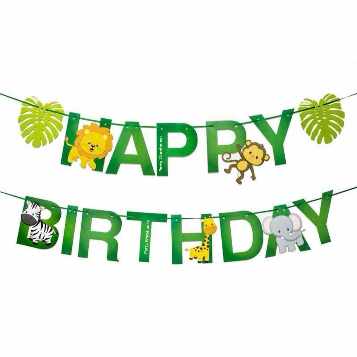 Party Warehouse Jungle Theme Happy Birthday Banner for Kids | Animal Birthday Decoration Banner for Jungle, Safari & Wild One Th