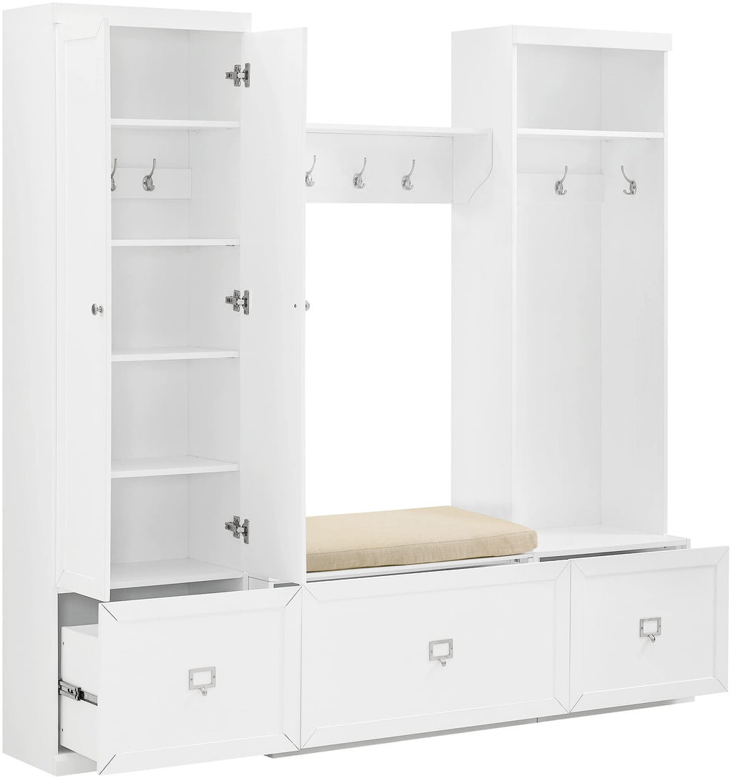 Crosley Furniture Harper 4-Piece Hall Tree, Storage Cabinet, Shoe Rack Bench, And Wall Shelf Set With Hooks, White
