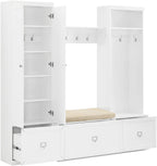 Crosley Furniture Harper 4-Piece Hall Tree, Storage Cabinet, Shoe Rack Bench, And Wall Shelf Set With Hooks, White