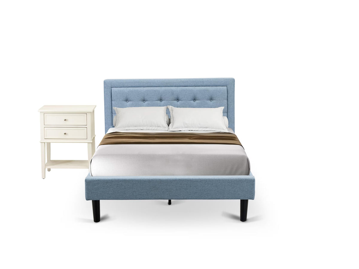 East West Furniture FN11F-1VL0C 2-Piece Platform Full Size Bedroom Set with 1 Mid Century Bed and a Bedroom Nightstand - Reliable and Durable Construction - Denim Blue Linen Fabric