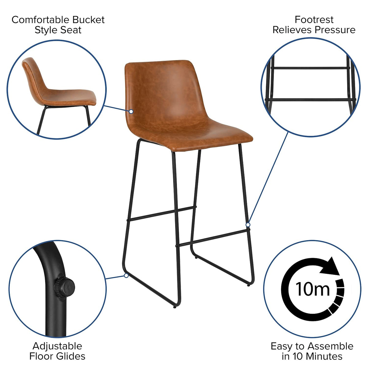 Flash Furniture Reagan 30&quot; LeatherSoft Barstools with Footrest, Mid-Century Modern Bucket Style Bar Height Stools, Set of 2, Light Brown