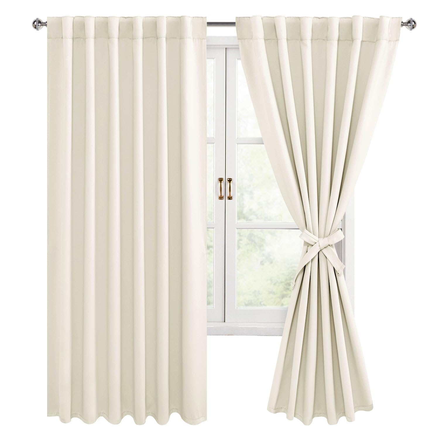 Hiasan Back Tab Room Darkening Curtains 2 Panels, Rod Pocket Ivory Blackout Curtains For Bedroom Living Room, Thermal Insulated