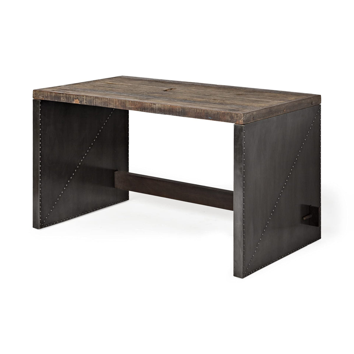 HomeRoots Dark/Medium Brown Reclaimed Wood, Metal Dark Brown Solid Reclaimed Wood Office Desk with Metal Cladded Frame