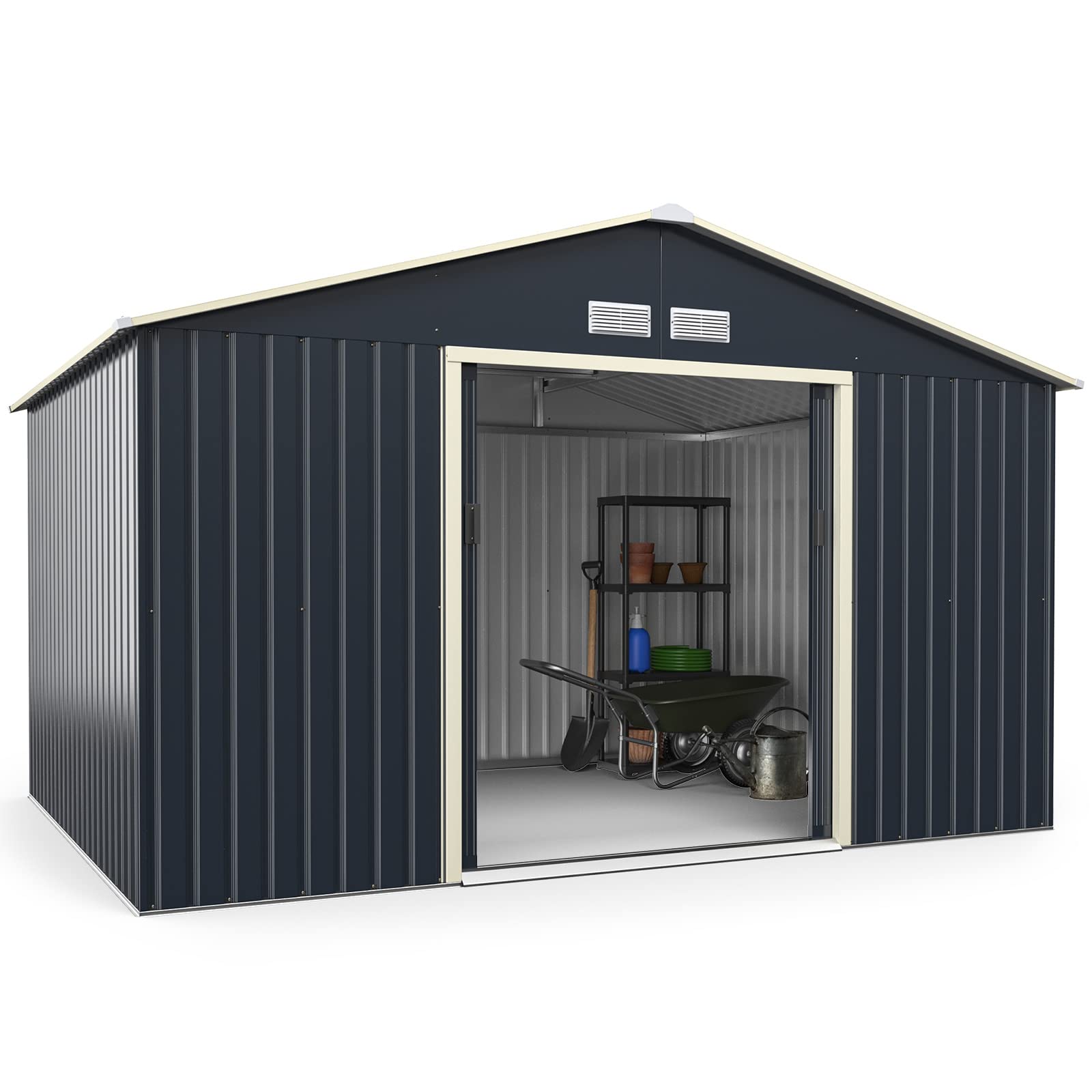 Goplus Storage Shed, Metal 11 X 8 Outdoor Building Organizer With 4 Vents & Double Sliding Door For Garden Backyard Farm (11'X8'