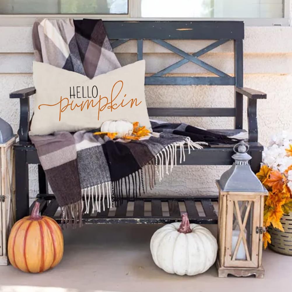 Rabusofa Fall Pillow Covers 12X20 Inch,Autumn Hello Pumpkin Pillows Decorative Throw Pillows,Lumbar Outdoor Thanksgiving Cushion