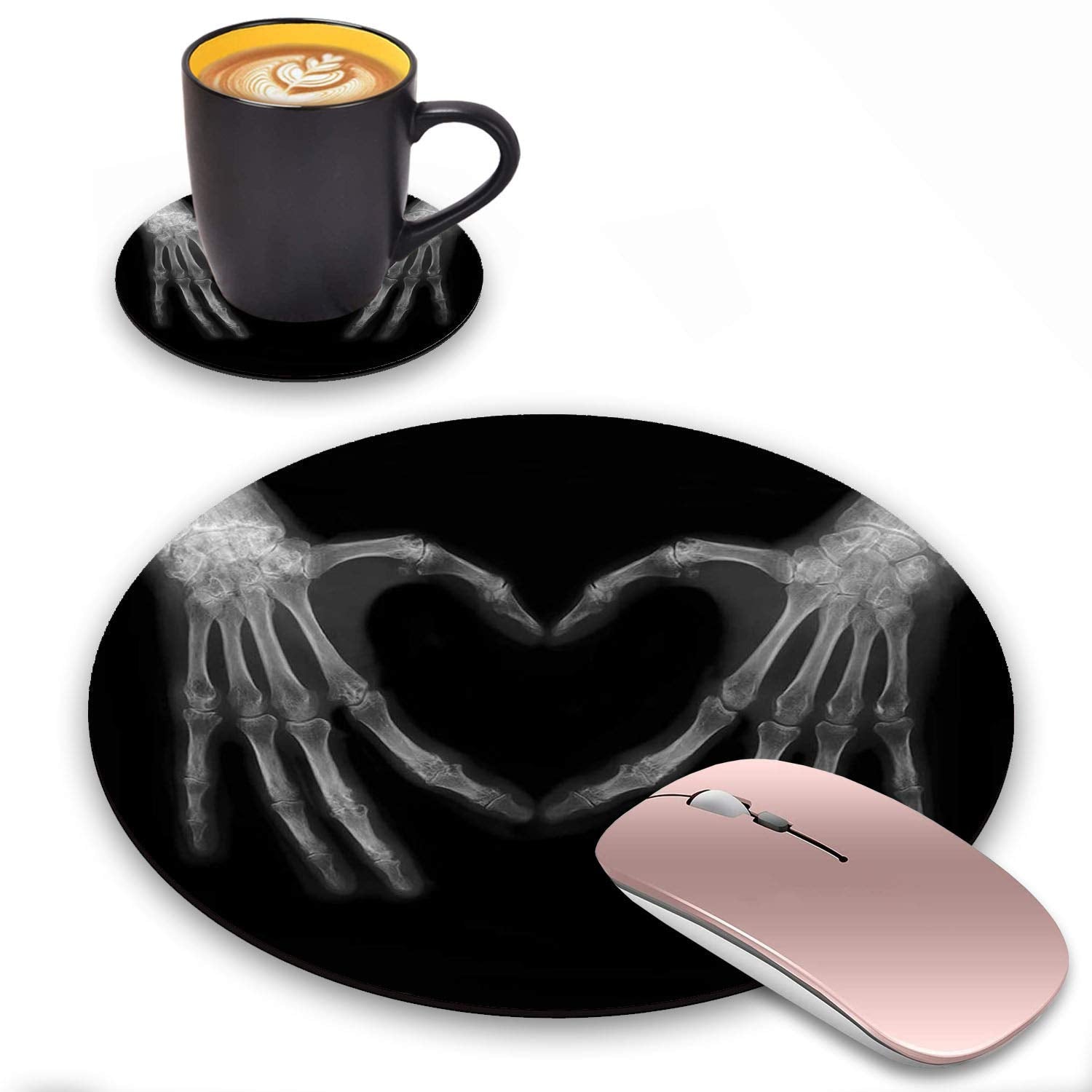 Zoxoho Round Mouse Pad And Coasters Set, Xray Bones Of Hands Making The Sign Love Heart Design Mouse Pad, Non-Slip Rubber Base M