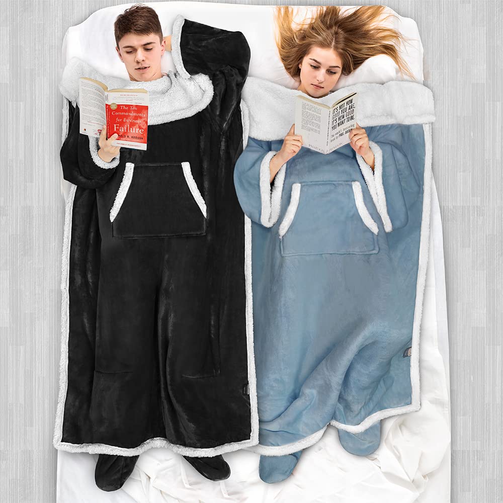 Pavilia Sherpa Blanket With Sleeves And Foot Pocket For Women Men Adults, Fleece Wearable Blanket Sleeved Throw Wrap, Thick Hug