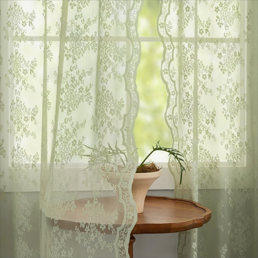 Yj Yanjun Sage Green Sheer Curtains 72 Inch Long 2 Panels Set Floral Patterned Boho Net Curtains Boy Girl Baby Lace Gauze Curtai