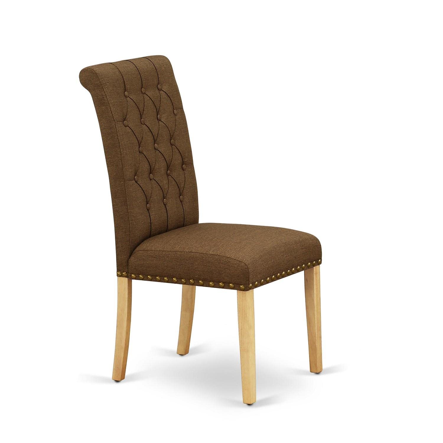 East West Furniture Brp4T18 Bremond Parson Kitchen Chairs - Button Tufted Nailhead Trim Brown Linen Linen Fabric Upholstered Dining Chairs, Set Of 2, Oak