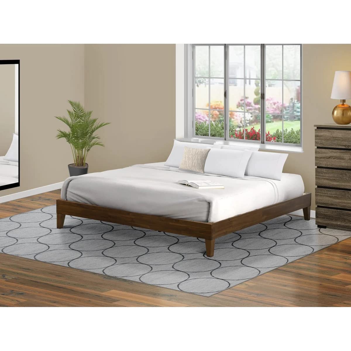 East West Furniture NVP-22-K King Size Platform Bed Frame with 4 Hardwood Legs and 2 Extra Center Legs - Walnut Finish