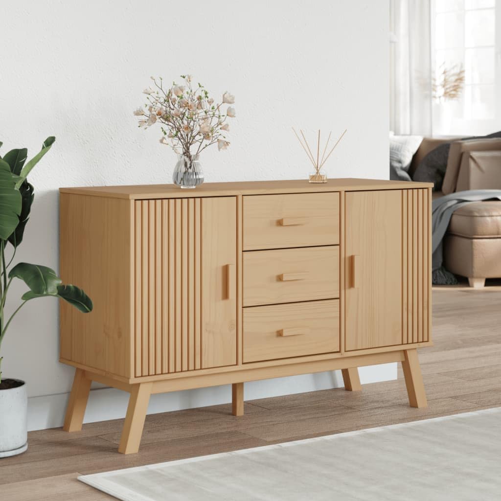 vidaXL Olden Sideboard - Solid Pine Wood Storage Cabinet with 3 Drawers/2 Doors, Display Top, Scandinavian Style, Brown - 44.9&quot;x16.9&quot;x28.9&quot;