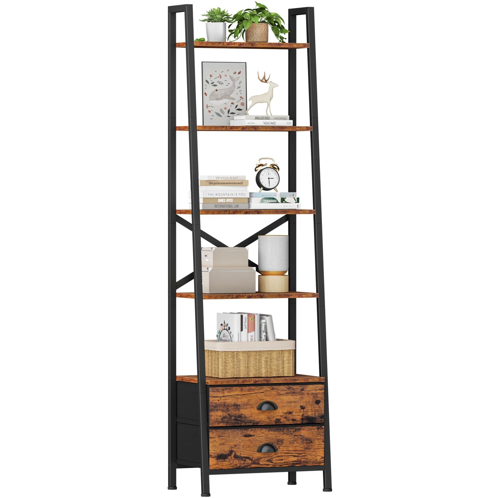 Furologee 5-Tier Ladder Shelf with 2 Drawers,Narrow Bookshelf Storage Shelves,Industrial Bookcase Freestanding Shelf Units for B